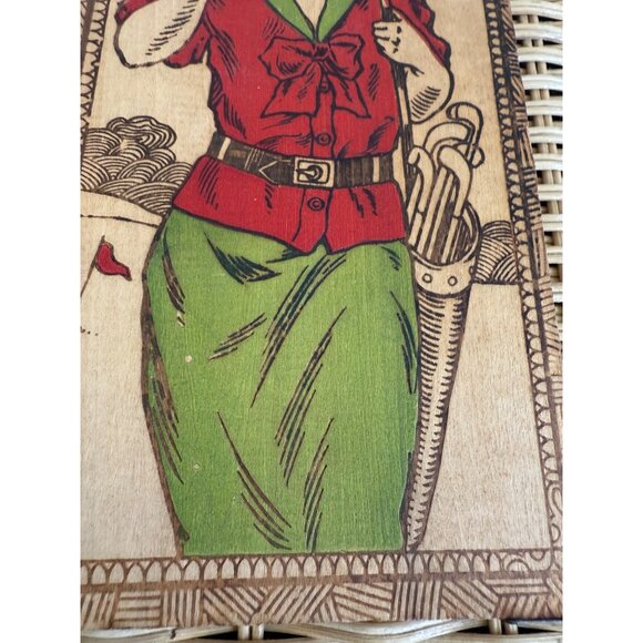Antique 20's Pyrography Flemish Art Lady Golfer Handkerchief/Gloves Wood Box - Picture 4 of 12